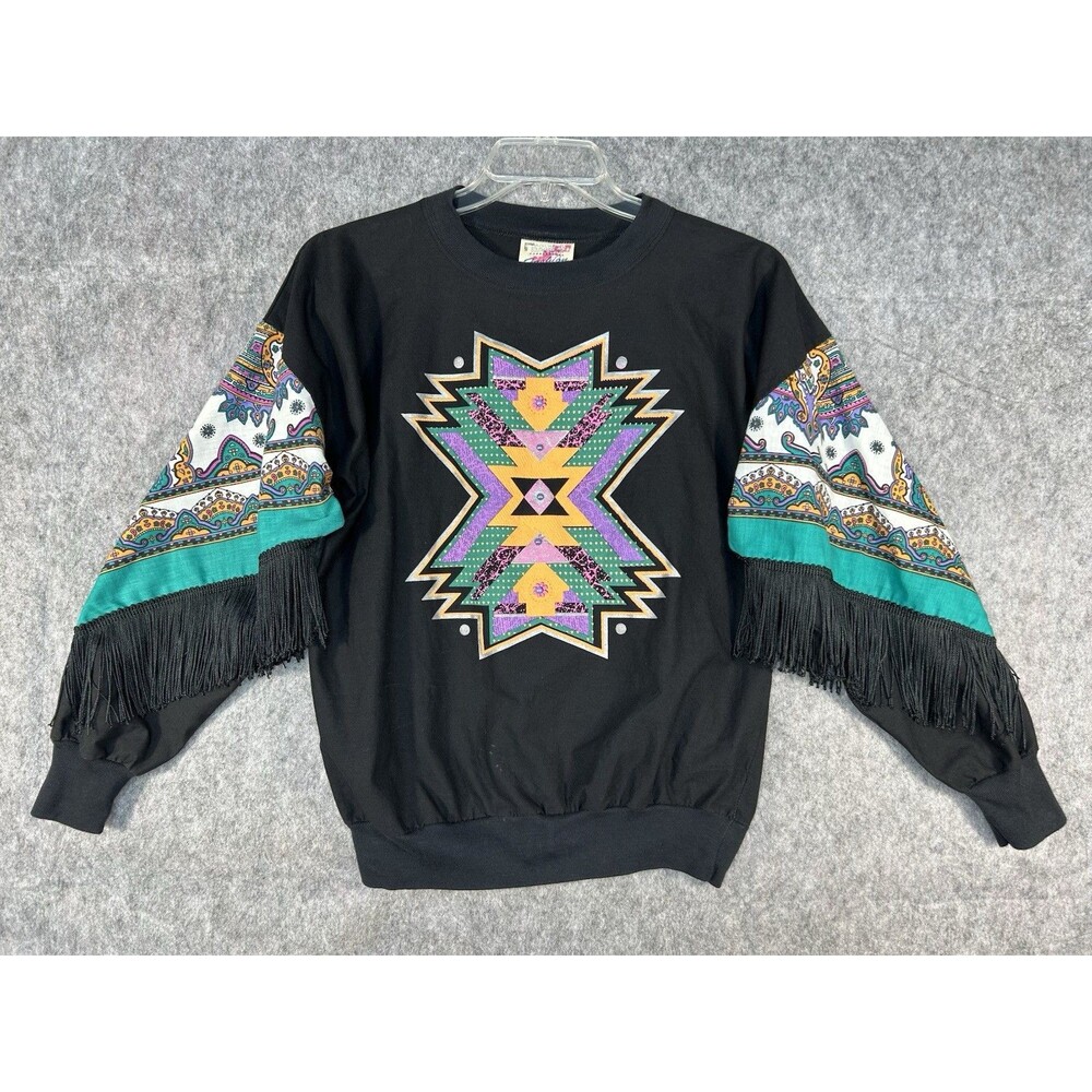 Vintage HAZELWOOD SOUTHWESTERN Fashion Aztec Shirt 90's Fringe Beaded Size M